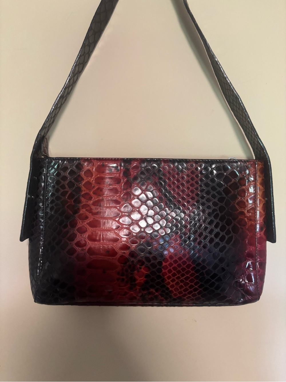 Danier Red and Black Snake-Embossed Shoulder Bag